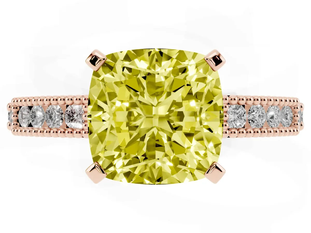 Fancy Yellow Cushion Cut Solitaire with Pavé Band and Four-Prong Setting Rose gold