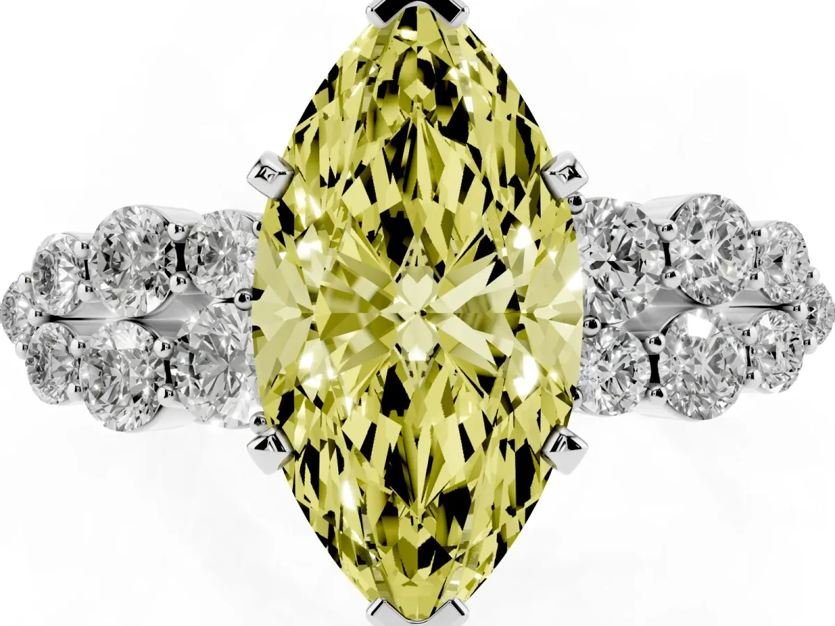 Fancy Yellow Marquise Cut Cluster Diamond Engagement Ring with Pavé Band and Four-Prong Setting Silver