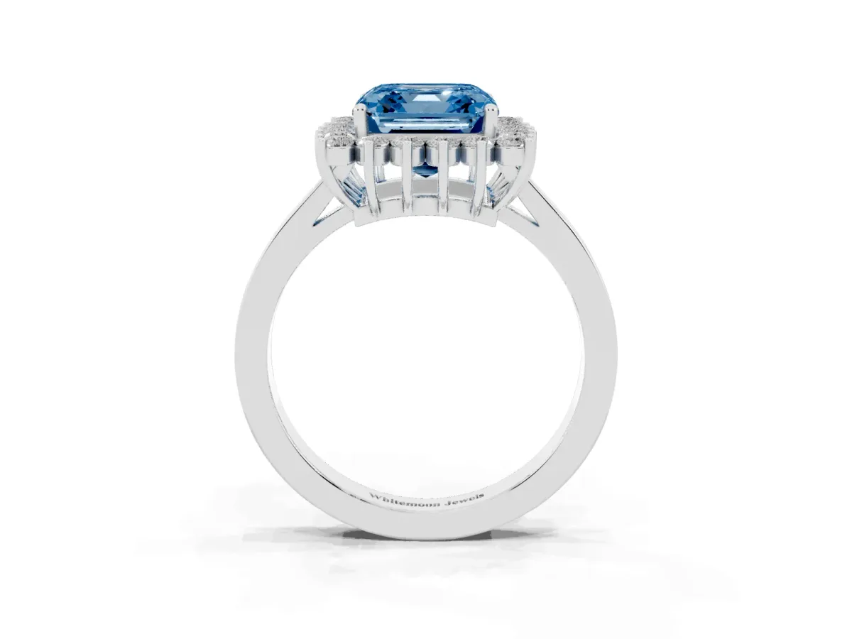 Fancy Blue Asscher Cut Cut Diamond Halo Ring with Round Brilliant Halo and Solitaire Band Platinum