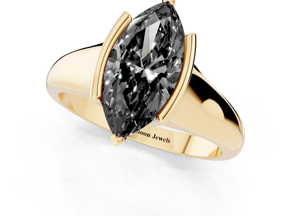 Fancy Black Marquise Cut Solitaire Tension Set Diamond Ring with Split Shank Band Yellow gold