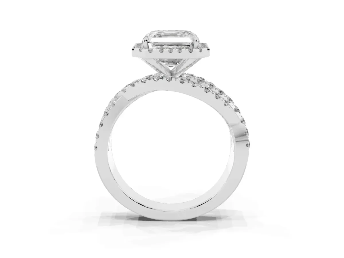Asscher Cut Diamond Halo Ring with Round Split Shank and Prong Setting White gold