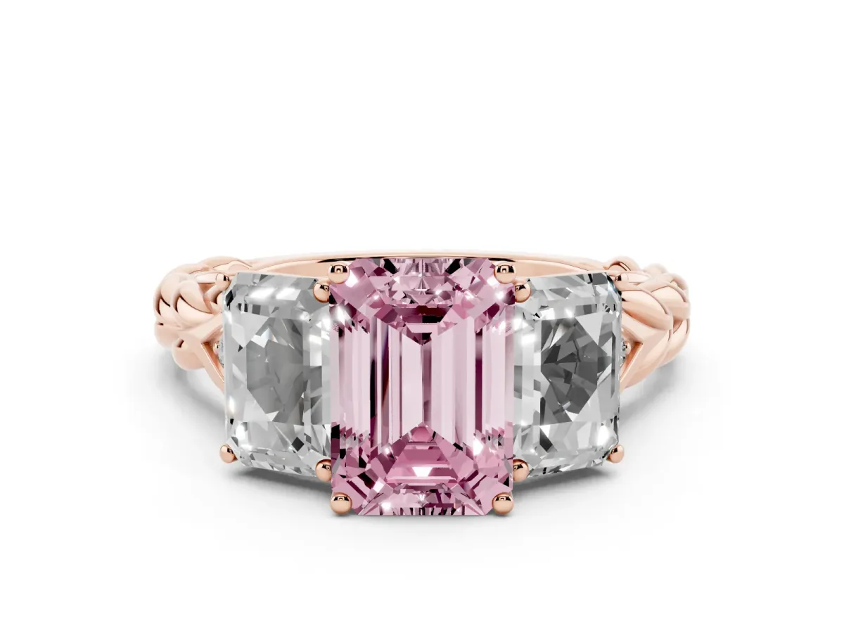Fancy Pink Three-Stone Emerald Cut Diamond Braided Band Ring with Four-Prong Setting Rose gold