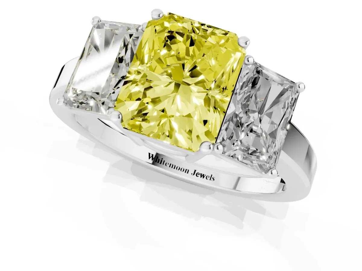 Fancy Yellow Three-Stone Radiant Cut Cut Diamond Engagement Ring with Flat Band and Four-Prong Setting Silver