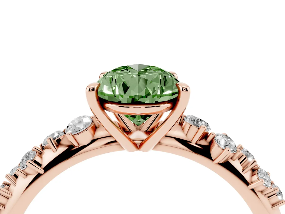 Fancy Green Pear Cut Diamond Cluster Side Stone Solitaire Ring with Prong Setting Rose gold