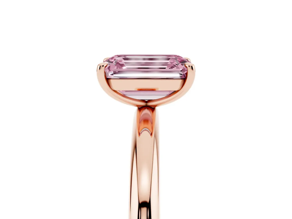 Fancy Pink Emerald Cut Solitaire Diamond Ring with Four-Prong Setting on a Plain Band Rose gold