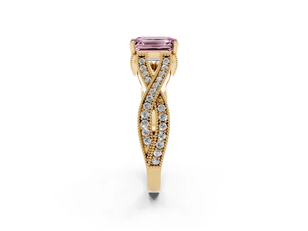 Fancy Pink Emerald Cut Cut Diamond Twisted Band with Milgrain Pave Setting and Four-Prong Setting Yellow gold