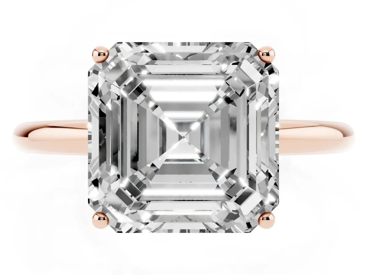 Asscher Cut Solitaire Diamond Ring with a Classic Band and Four-Prong Setting Rose gold