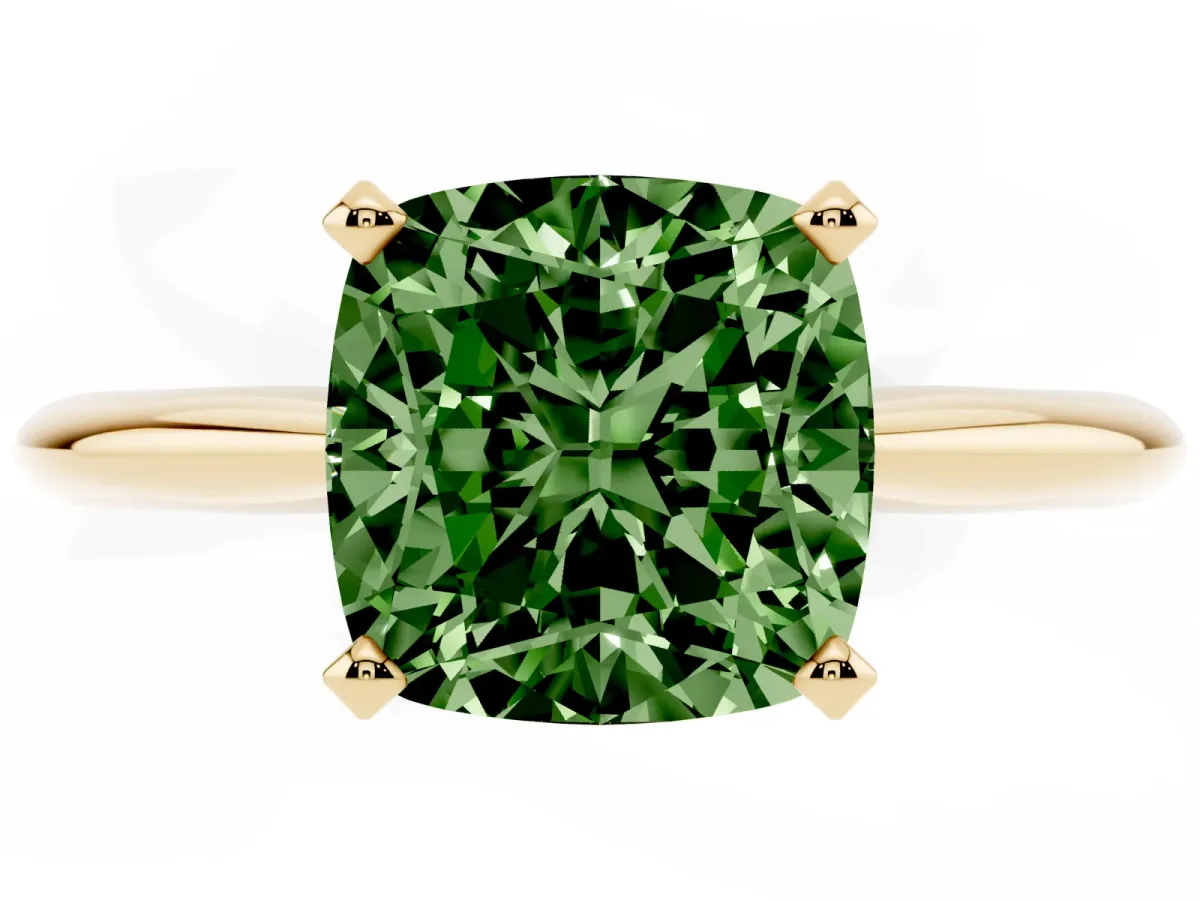 Fancy Green Cushion Cut Cut Solitaire Ring with Four-Prong Setting on a Classic Band Yellow gold