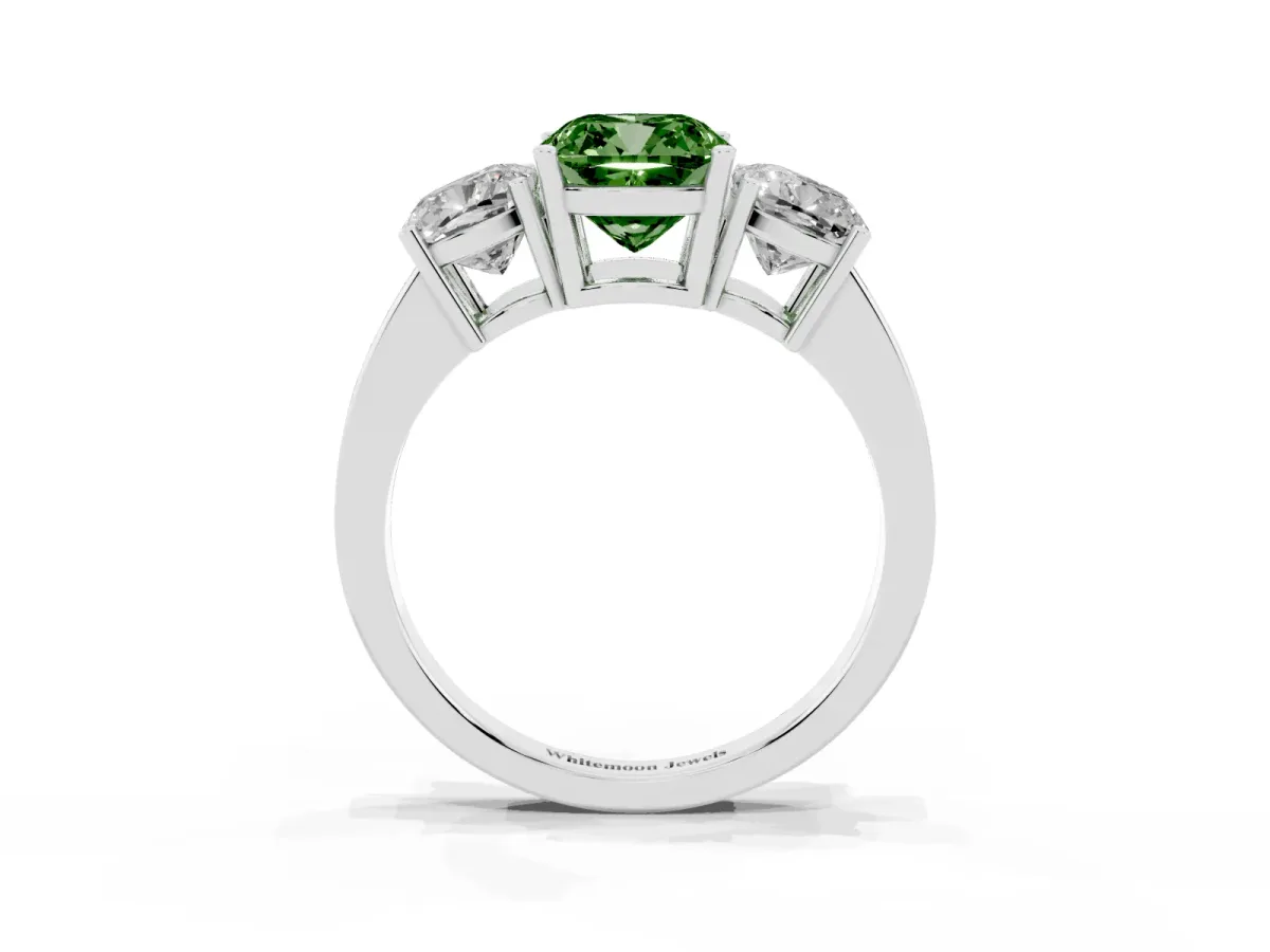 Fancy Green Three-Stone Cushion Cut Cut Diamond Engagement Ring with Flat Band and Four-Prong Setting Silver