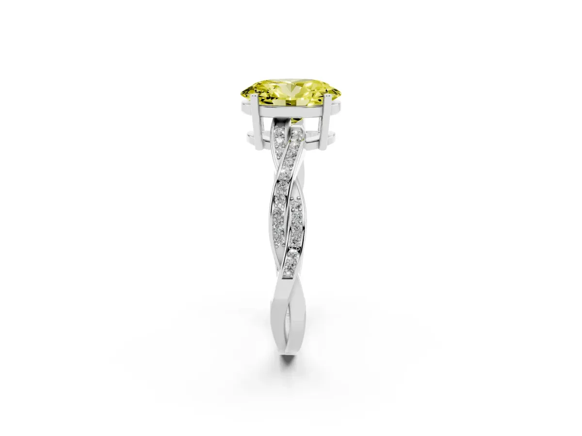 Fancy Yellow Oval Cut Solitaire Twisted Pave Diamond Ring with Four-Prong Setting White gold