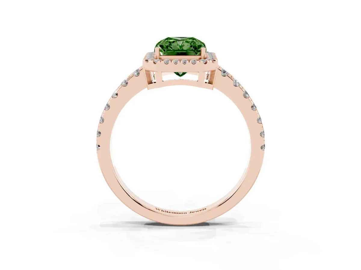 Fancy Green Radiant Cut Diamond Halo Ring with Pavé Band and Four-Prong Setting Rose gold