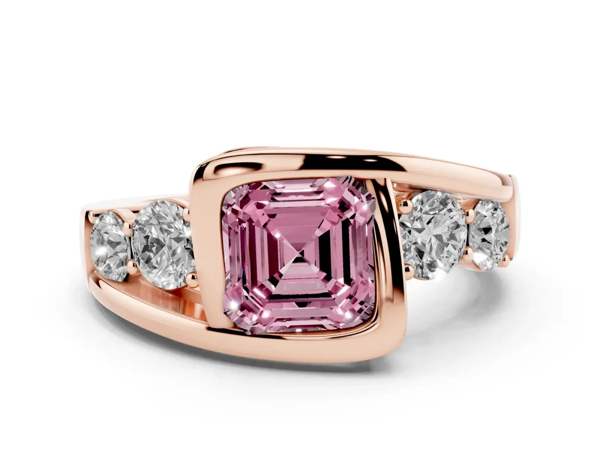Fancy Pink Bezel Set Asscher Cut Diamond Bypass Ring with Round Accents Rose gold