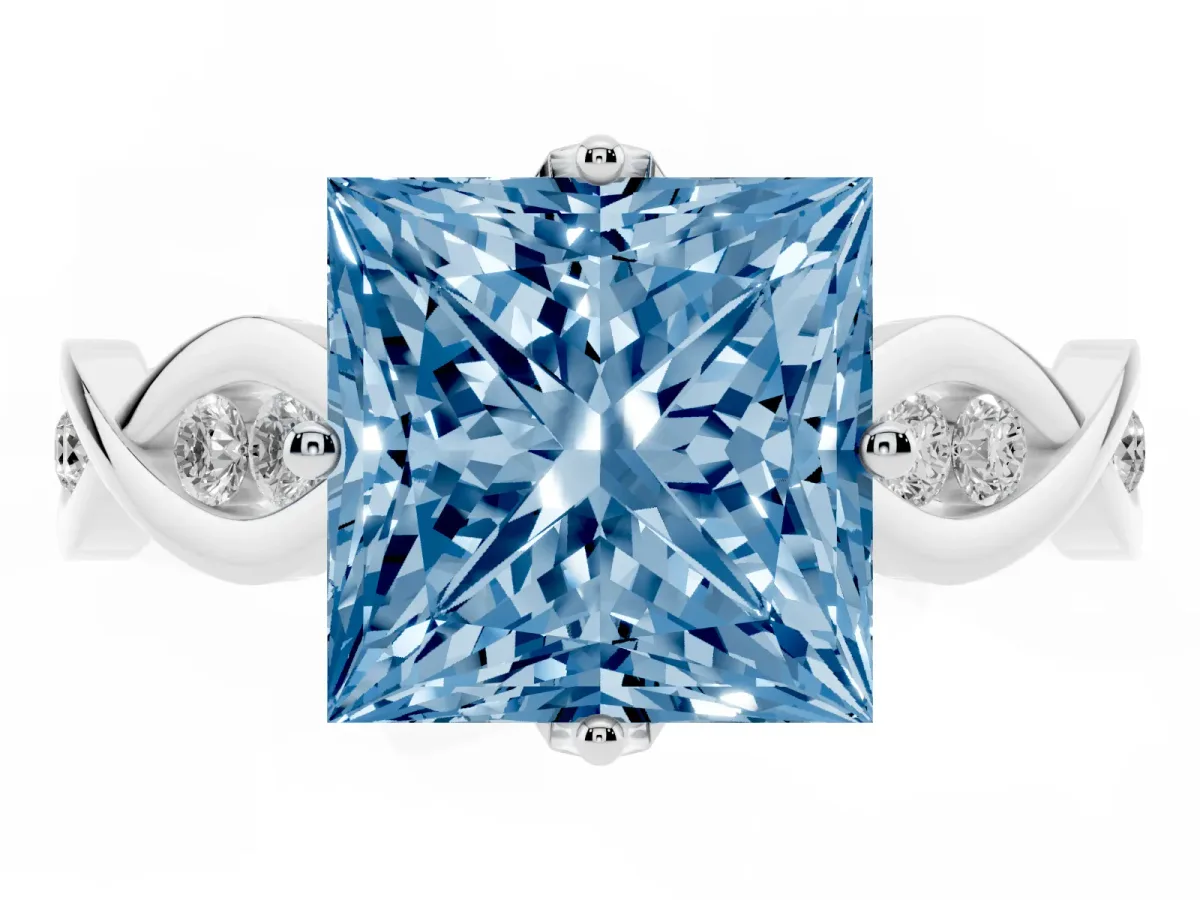 Fancy Blue Princess Cut Solitaire Twist Band with Leaf Prong Setting Silver