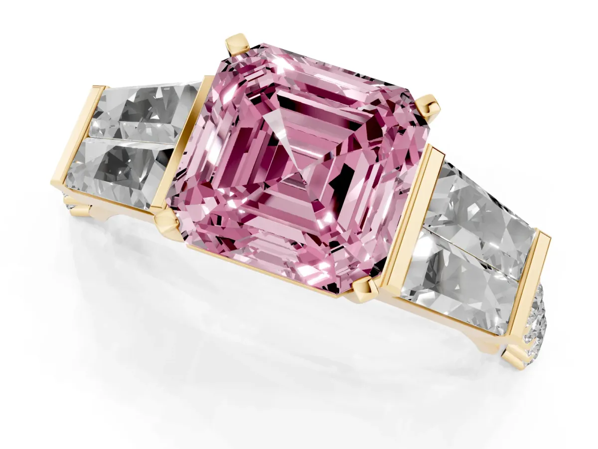 Fancy Pink Asscher Cut Diamond Engagement Ring with Baguette Side Stones and Channel Set Band Yellow gold