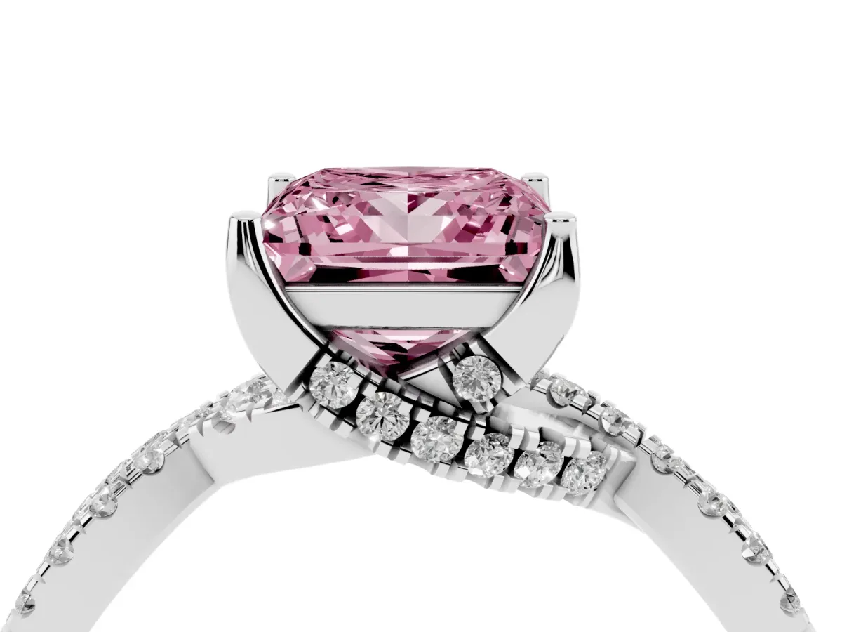 Fancy Pink Princess Cut Solitaire Twist Pave Diamond Engagement Ring with Prong Setting Silver