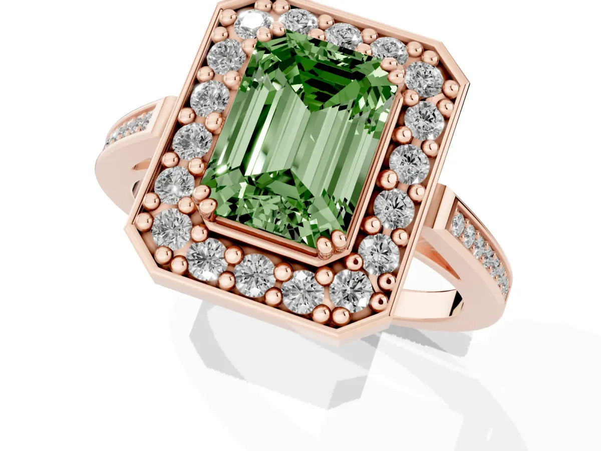 Fancy Green Emerald Cut Diamond Halo Ring with Split Shank and Four-Prong Setting Rose gold
