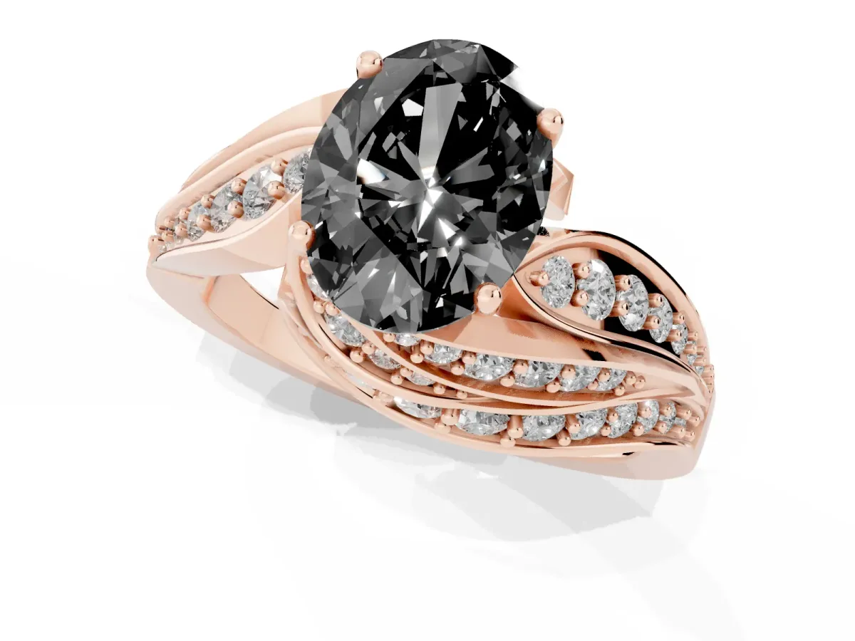 Fancy Black Oval Cut Diamond Solitaire Ring with Prong Setting and Twisted Pavé Band Rose gold