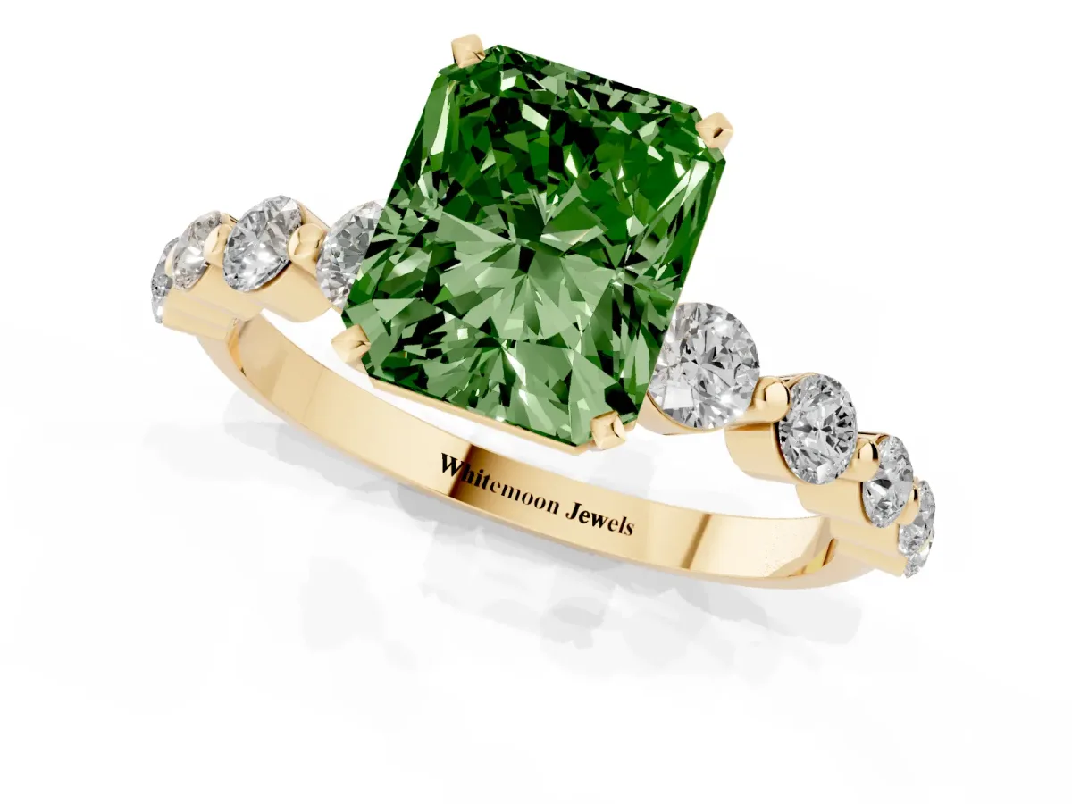 Fancy Green Radiant Cut Solitaire Diamond Ring with Pave Band and Four-Prong Setting Yellow gold