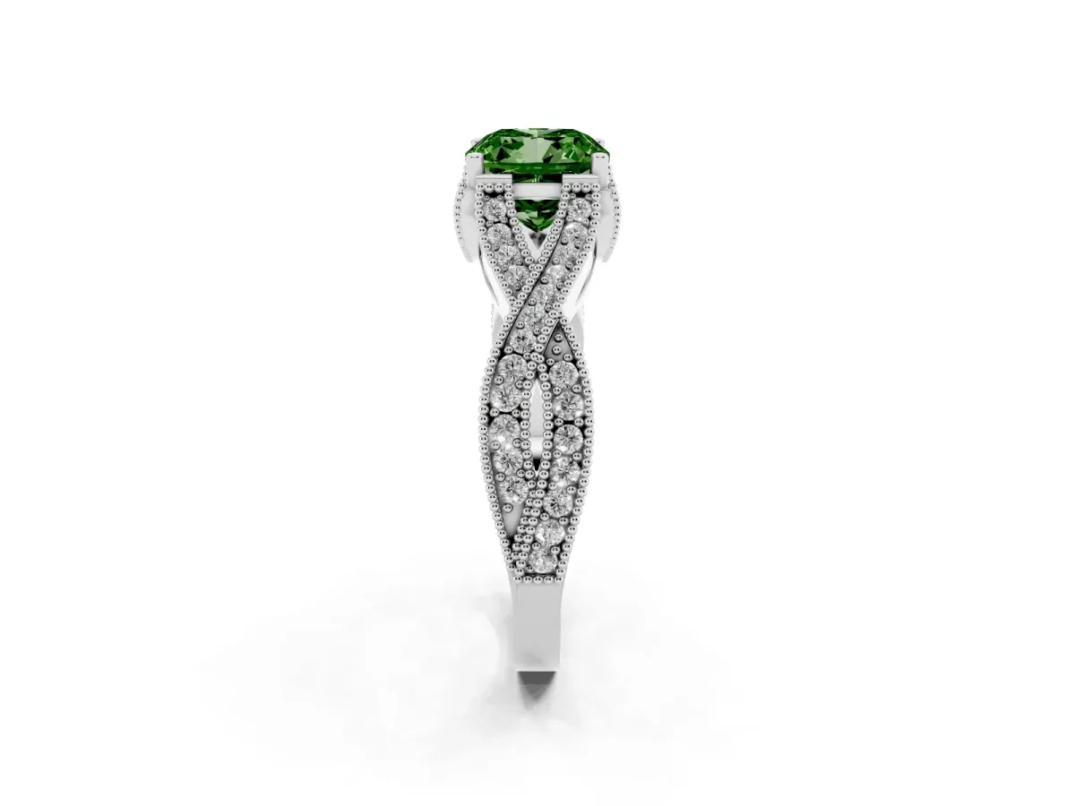 Fancy Green Cushion Cut Cut Diamond Twisted Band with Milgrain Pave Setting and Four-Prong Setting Platinum
