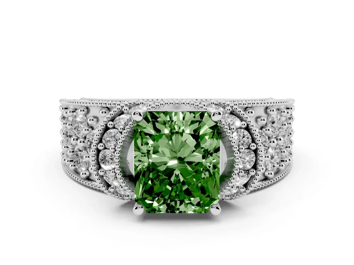 Fancy Green Radiant Cut Halo Pave Diamond Engagement Ring with Milgrain Detailing White gold