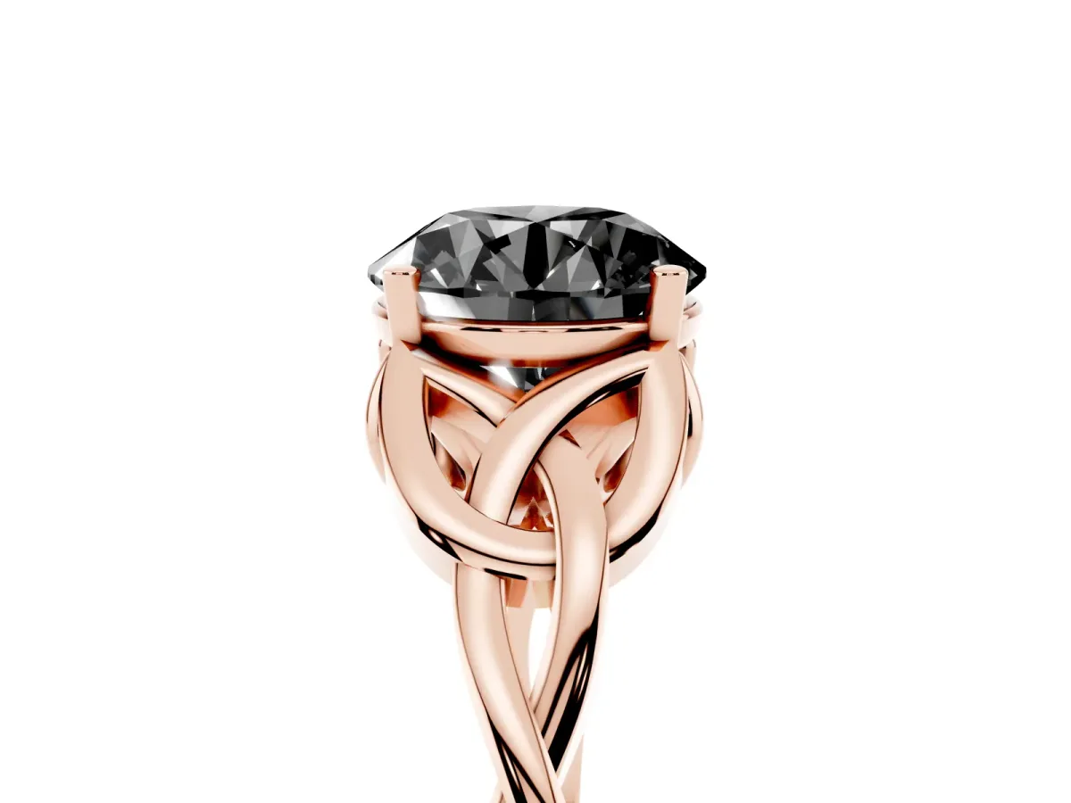 Fancy Black Round Cut Diamond Solitaire Engagement Ring with Celtic Knot Band and Four-Prong Setting Rose gold