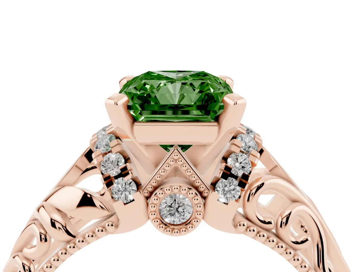Fancy Green Radiant Cut Solitaire Filigree Engagement Ring with Halo and Prong Setting Rose gold
