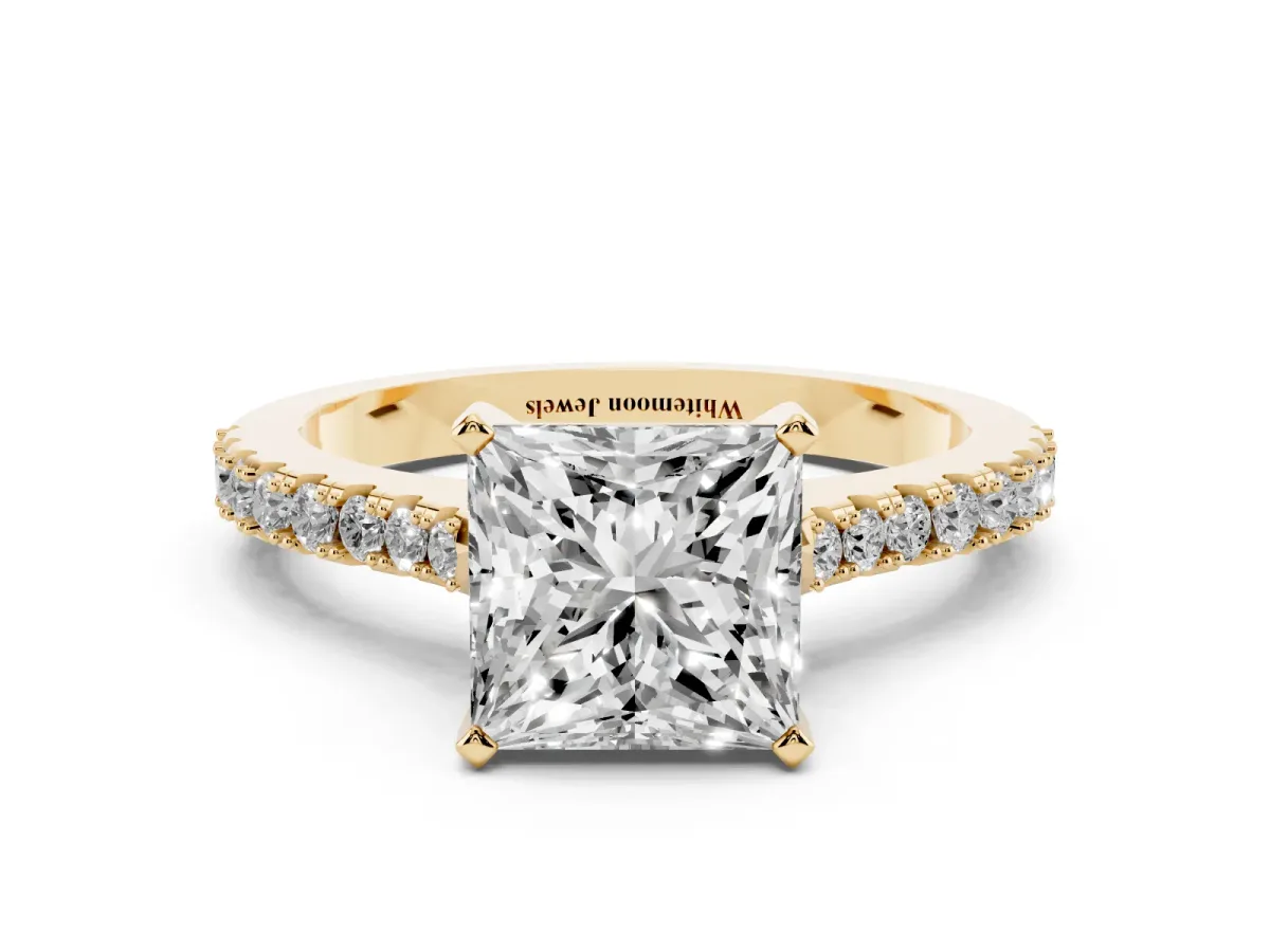 Princess Cut Cut Solitaire Diamond Engagement Ring with Pave Band and Four-Prong Setting Yellow gold