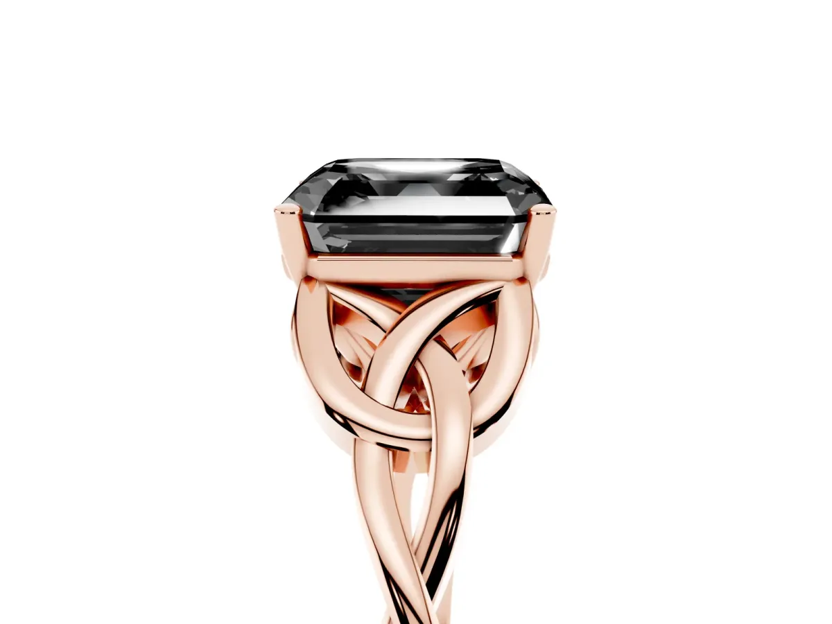 Fancy Black Asscher Cut Diamond Solitaire Engagement Ring with Celtic Knot Band and Four-Prong Setting Rose gold