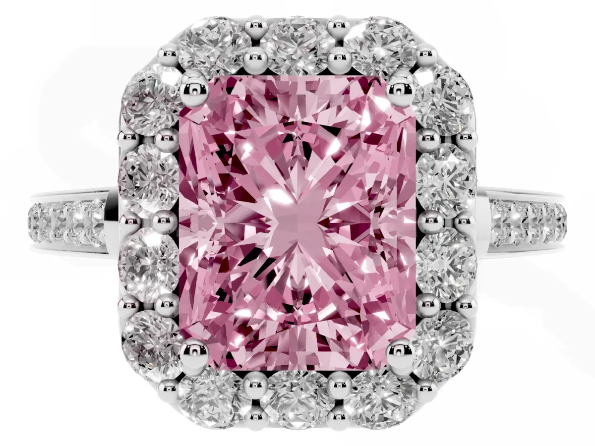 Fancy Pink Radiant Cut Diamond Floral Halo Ring with Pavé Band and Prong Setting Platinum