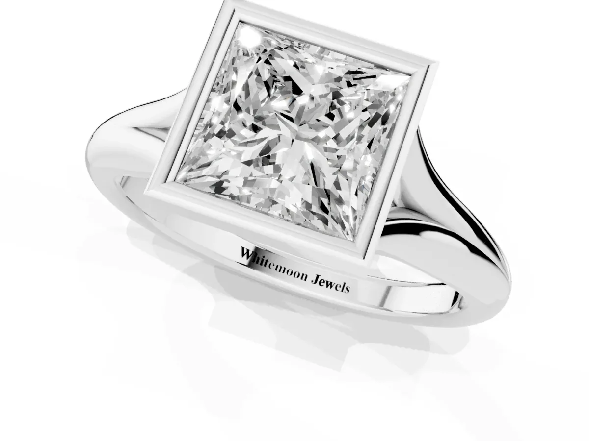 Bezel Set Princess Cut Solitaire Diamond Ring with Smooth Band Silver