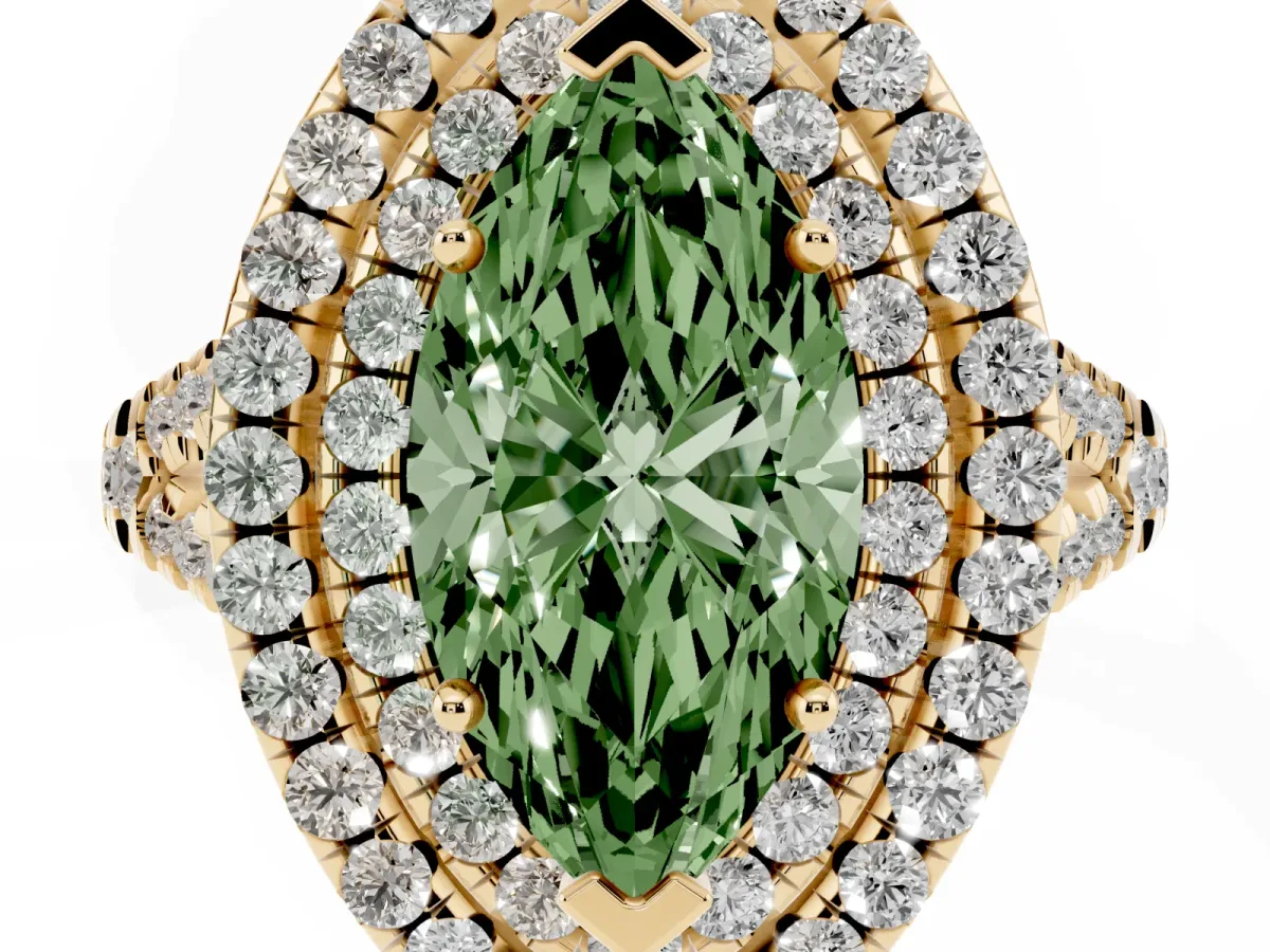 Fancy Green Double Halo Marquise Cut Diamond Pavé Split Shank Ring with Prong Setting Yellow gold