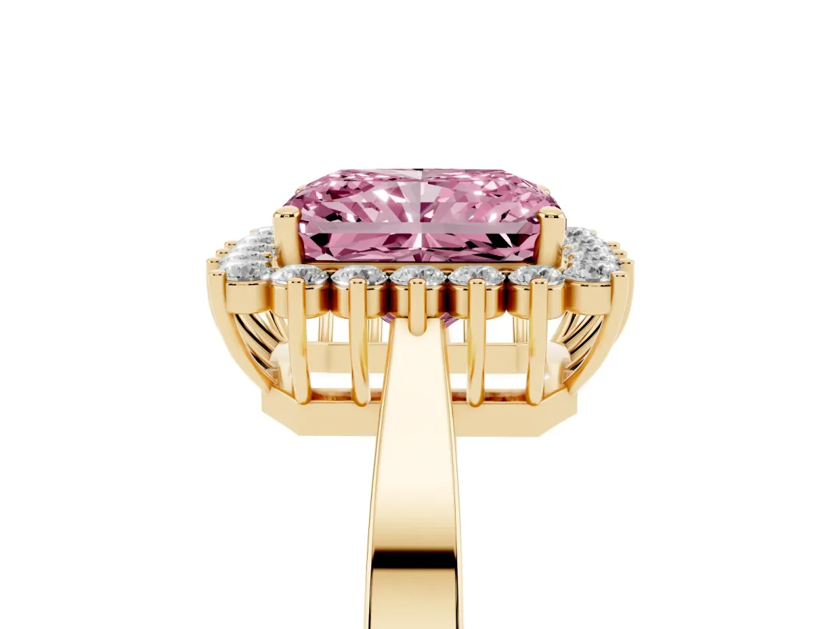 Fancy Pink Radiant Cut Cut Diamond Halo Ring with Round Brilliant Halo and Solitaire Band Yellow gold