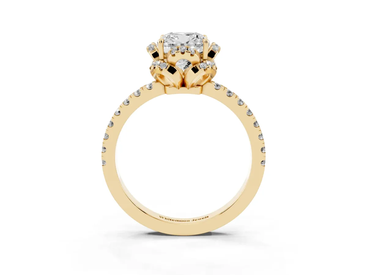 Cushion Cut Halo Diamond Pave Band Ring with Four-Prong Setting Yellow gold