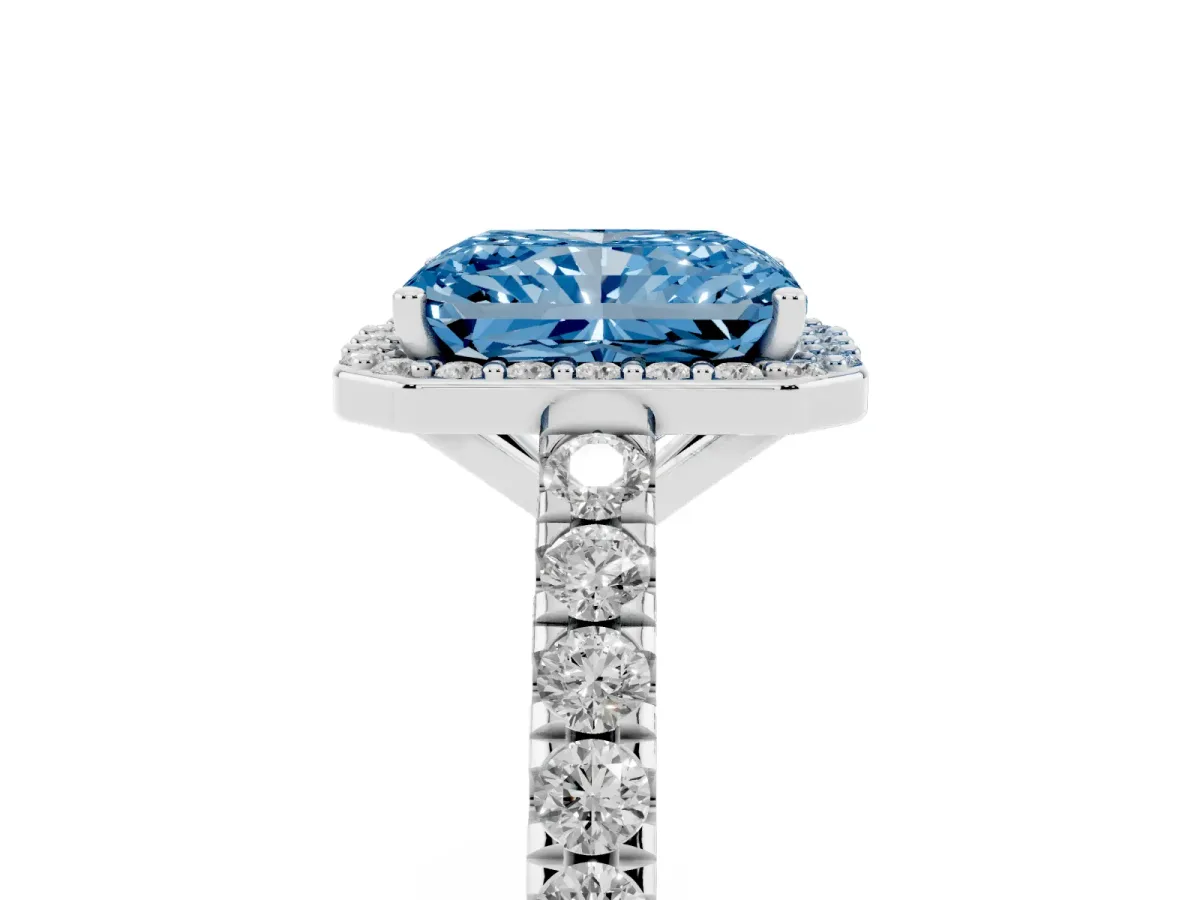 Fancy Blue Radiant Cut Cut Halo Diamond Engagement Ring with Pave Band and Four-Prong Setting Silver