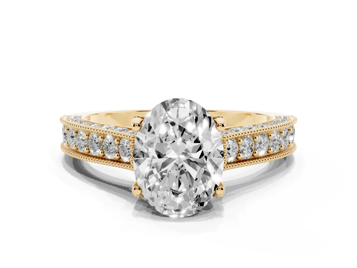 Oval Cut Cut Diamond Solitaire Ring with Milgrain Pave Band and Four Prong Setting Yellow gold