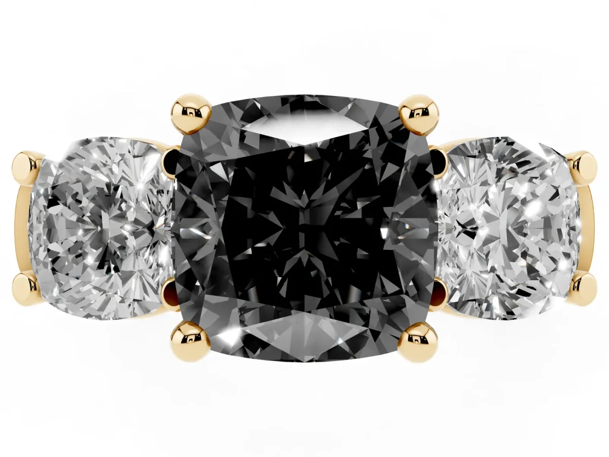 Fancy Black Three-Stone Cushion Cut Brilliant Diamond Trellis Ring with Comfort Fit Band Yellow gold