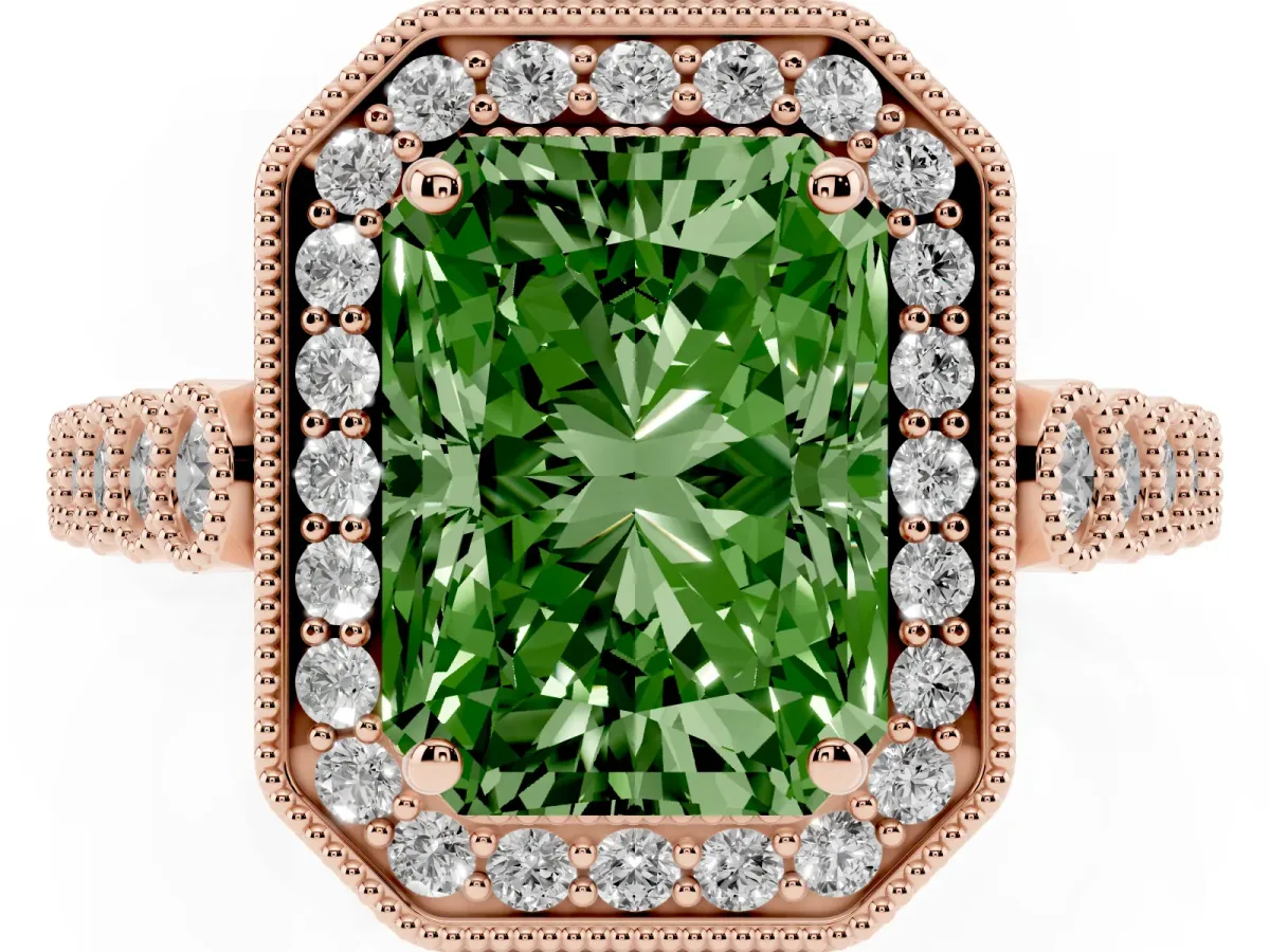 Fancy Green Radiant Cut Halo Milgrain Solitaire with Bezel Set Side Stones and Pave Band Rose gold