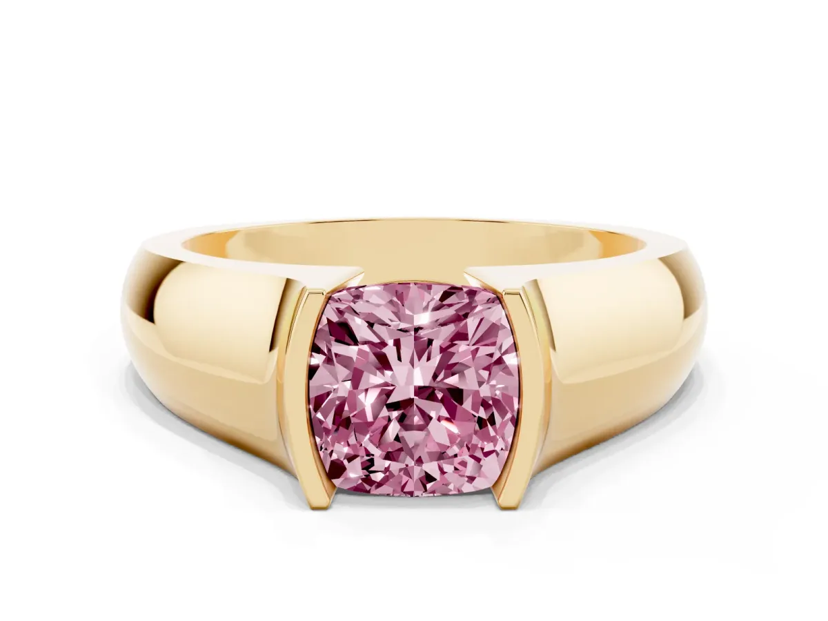 Fancy Pink Cushion Cut Solitaire Bezel Set Diamond Ring with Wide Band Yellow gold