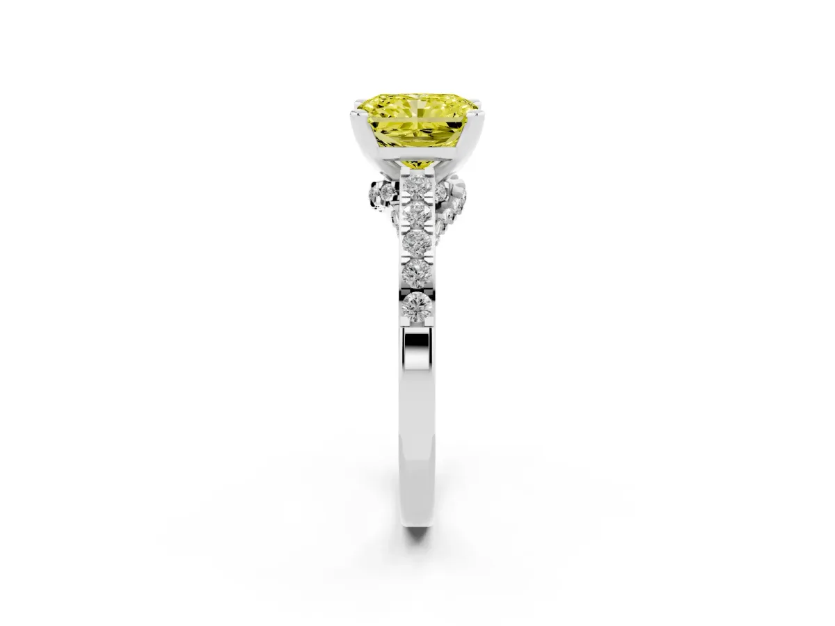 Fancy Yellow Radiant Cut Diamond Solitaire Ring with Crossover Gallery and Round Pavé Band White gold