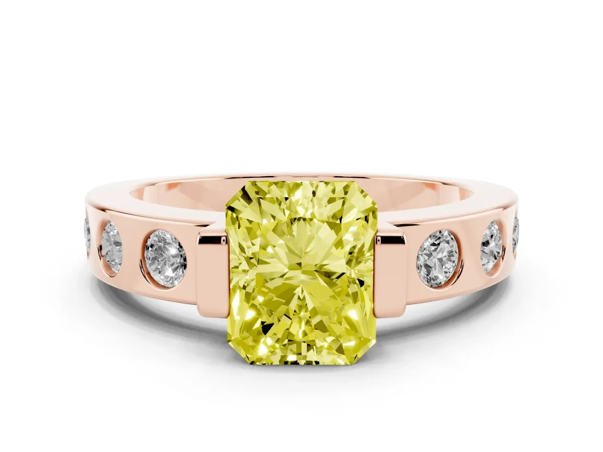 Fancy Yellow Radiant Cut Brilliant Channel-Set Diamond Ring with Bezel Prong Setting Rose gold