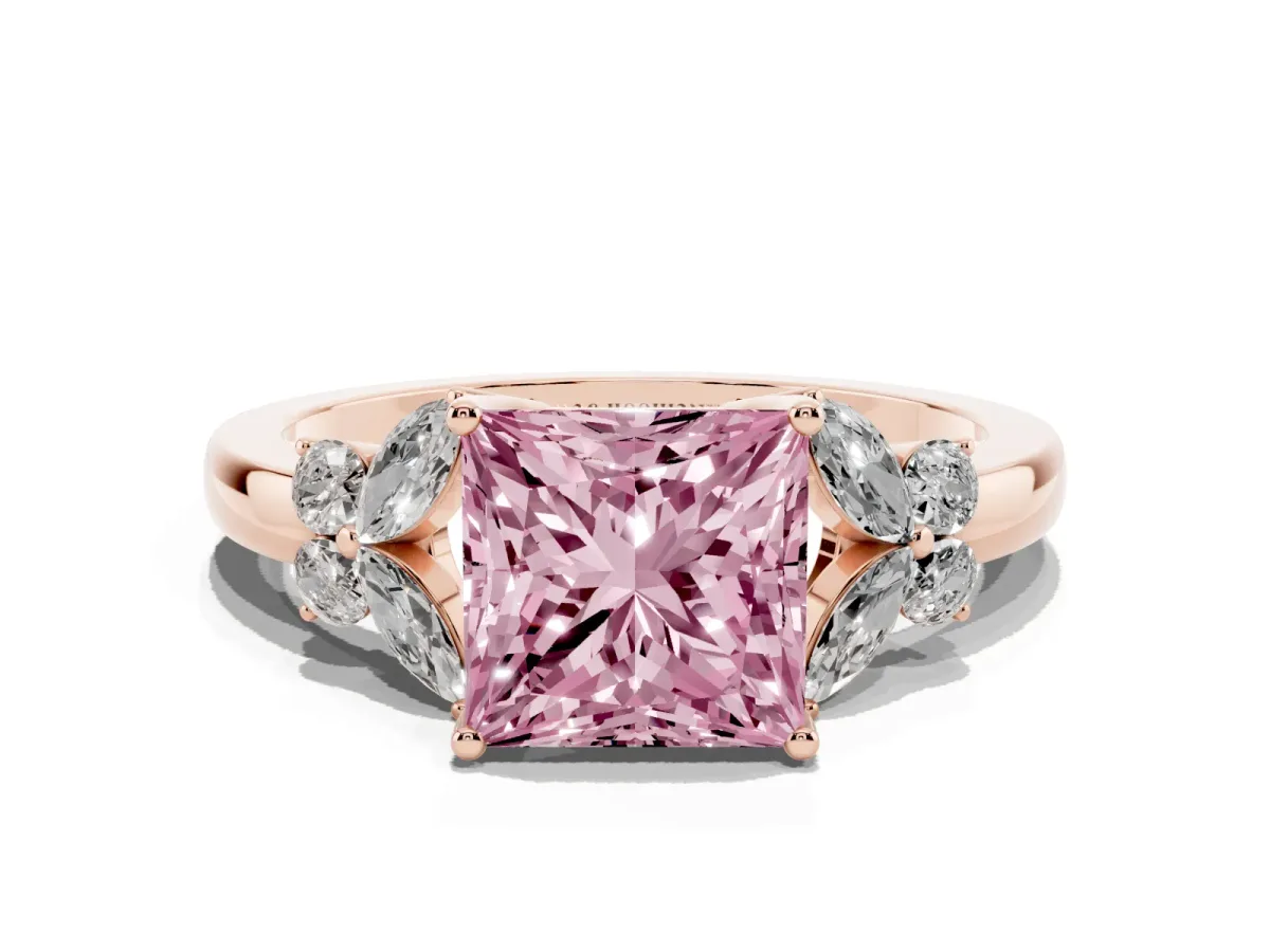 Fancy Pink Princess Cut Cut Solitaire Floral Diamond Ring with Four-Prong Setting Rose gold