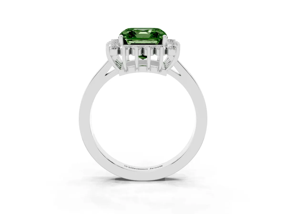 Fancy Green Asscher Cut Cut Diamond Halo Ring with Round Brilliant Halo and Solitaire Band White gold