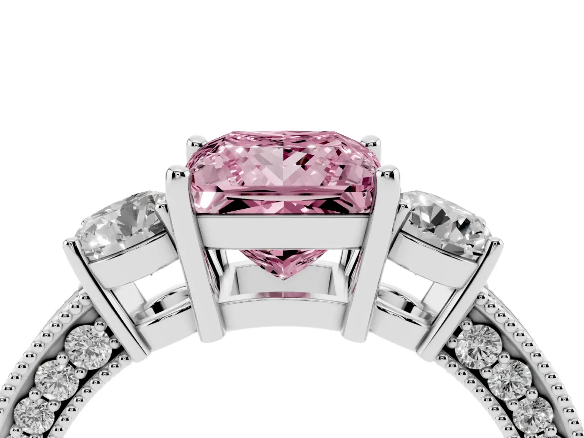Fancy Pink Princess Cut Three-Stone Diamond Ring with Pavé Band and Four-Prong Setting Silver