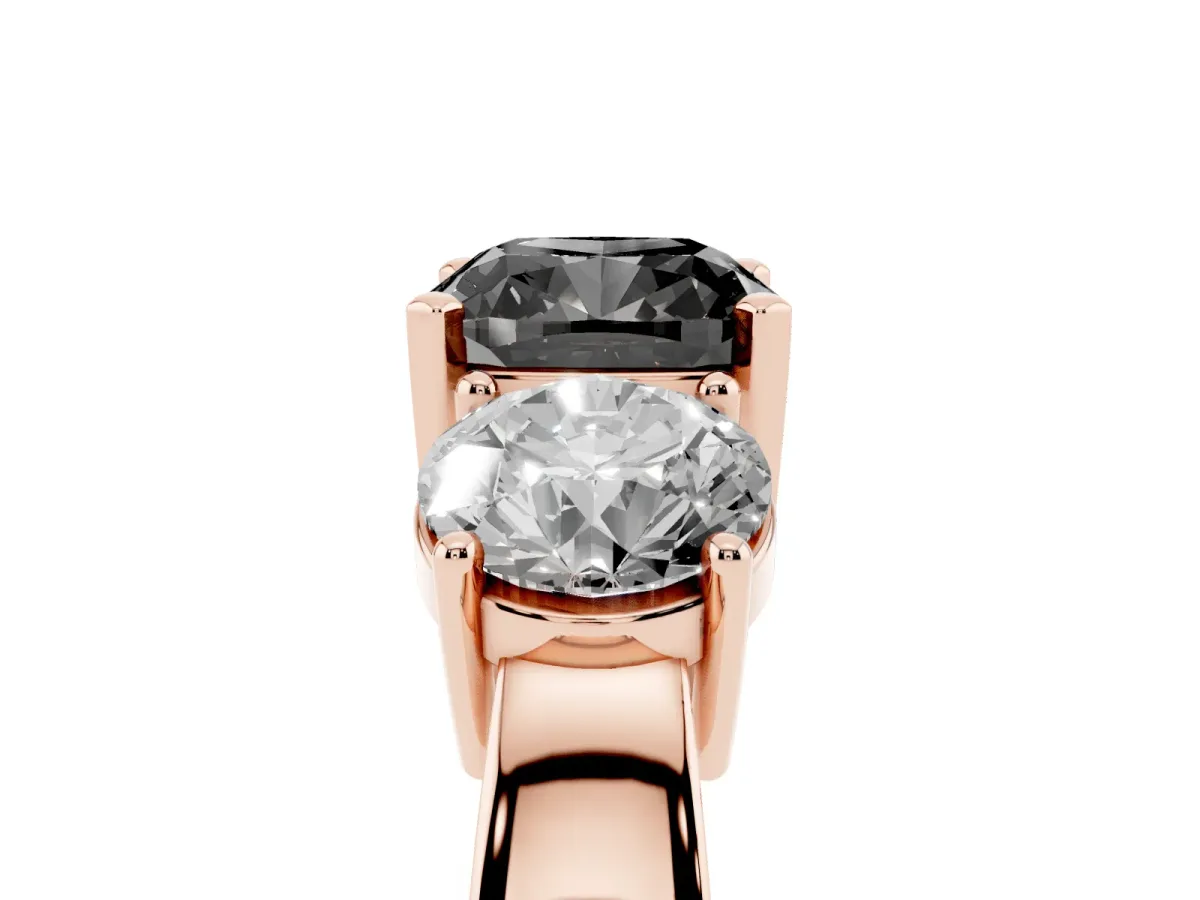 Fancy Black Three-Stone Cushion Cut Diamond Ring with Round Side Stones, Classic Band, and Four-Prong Setting Rose gold