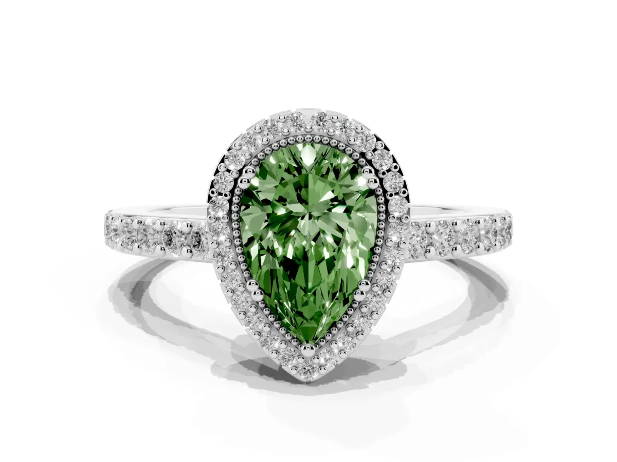 Fancy Green Pear Cut Cut Diamond Halo Engagement Ring with Milgrain Detail and Pavé Band Silver