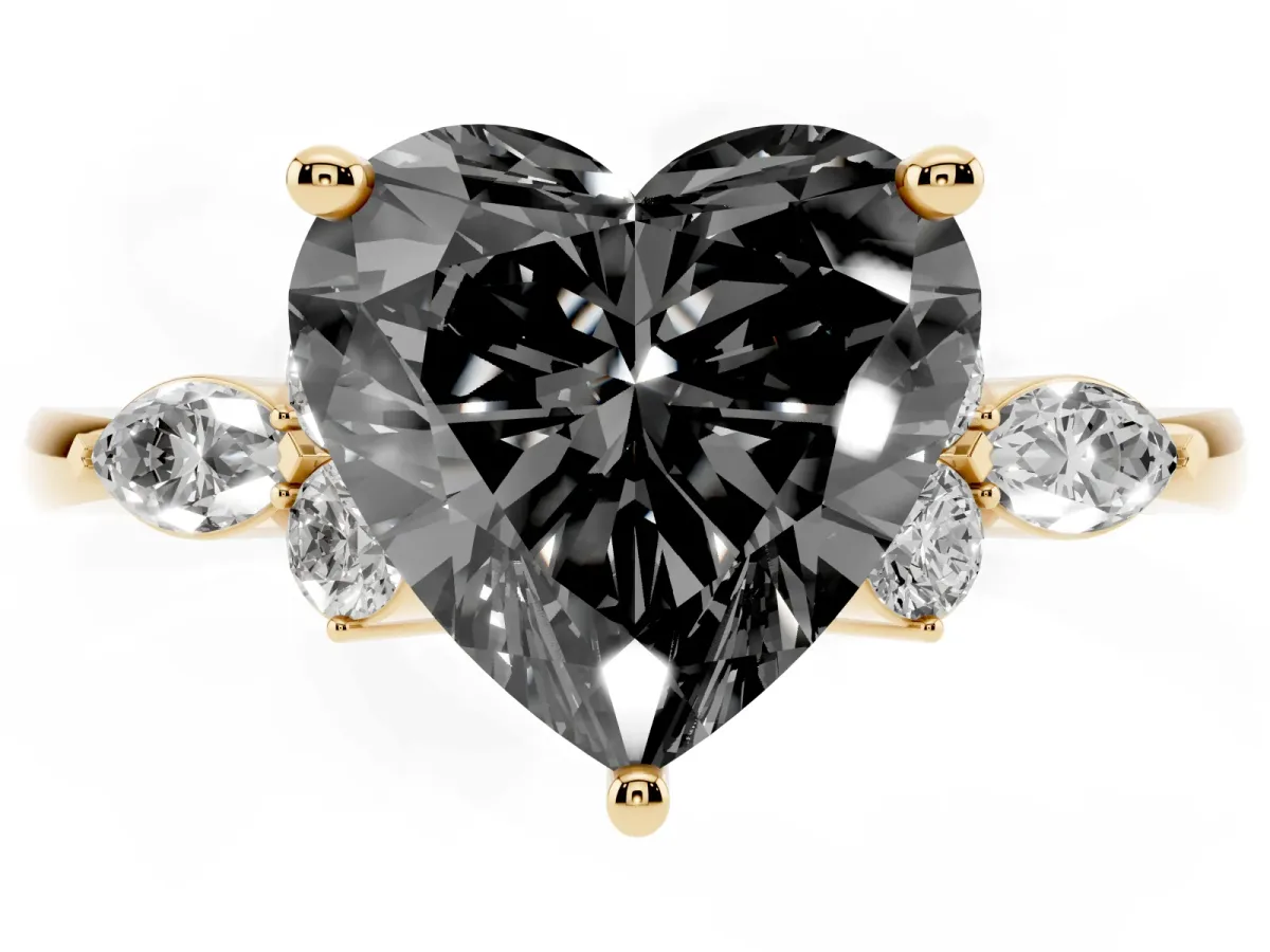 Fancy Black Heart Cut Brilliant Diamond Solitaire Ring with Pear Side Stones and Four-Prong Setting Yellow gold