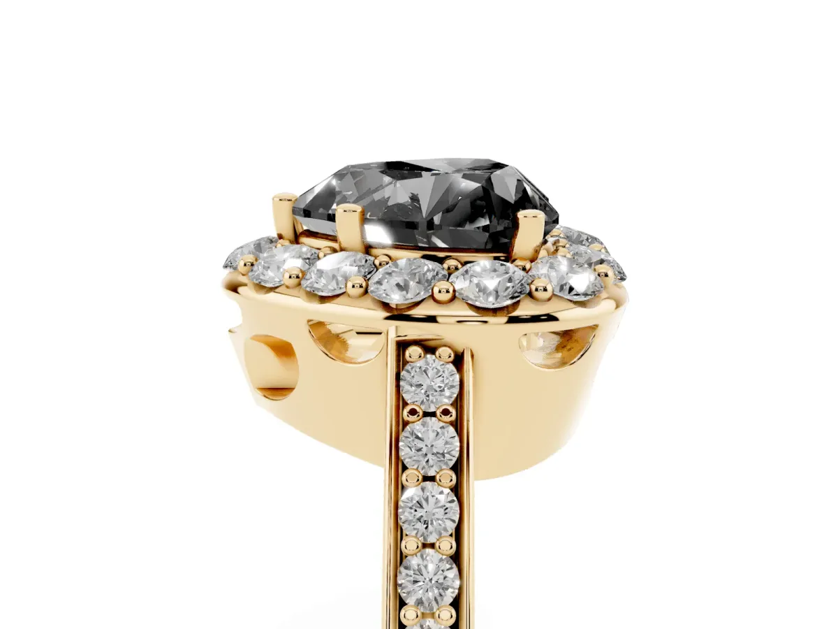 Fancy Black Heart Cut Diamond Floral Halo Ring with Pavé Band and Prong Setting Yellow gold