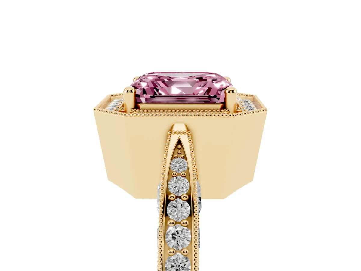 Fancy Pink Asscher Cut Halo Diamond Engagement Ring with Split Shank Band and Four-Prong Setting Yellow gold