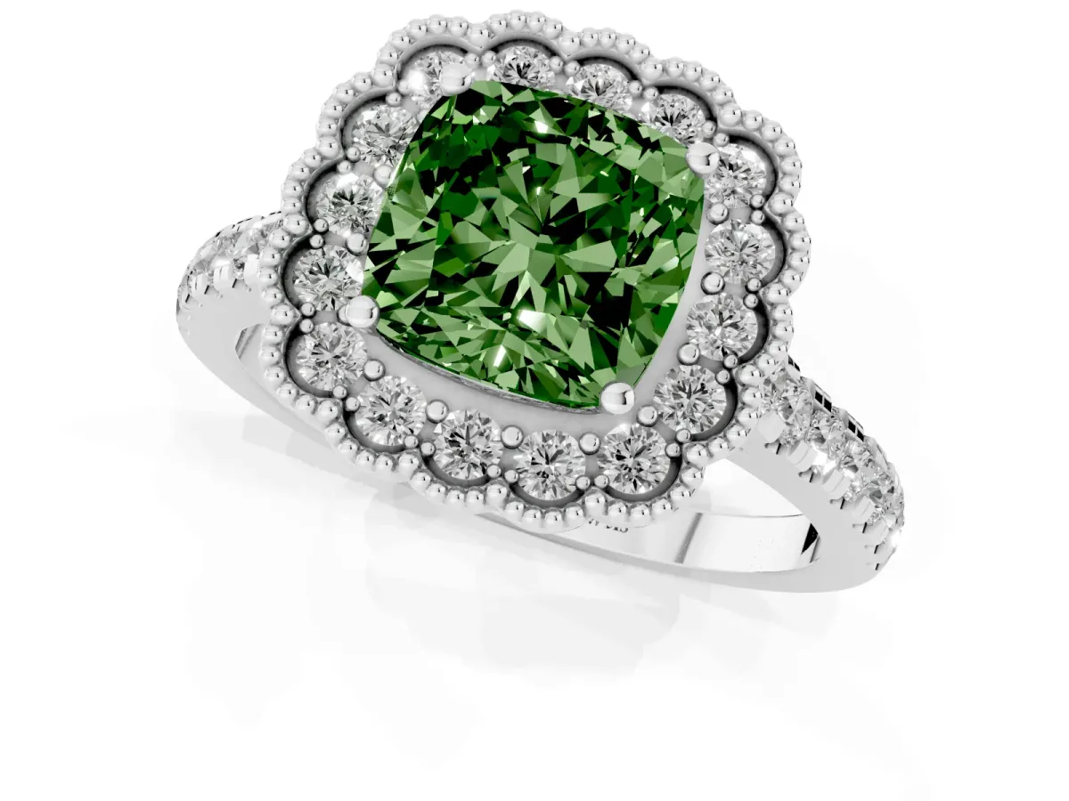 Fancy Green Cushion Cut Cut Diamond Milgrain Floral Halo Engagement Ring with Pavé Band Silver