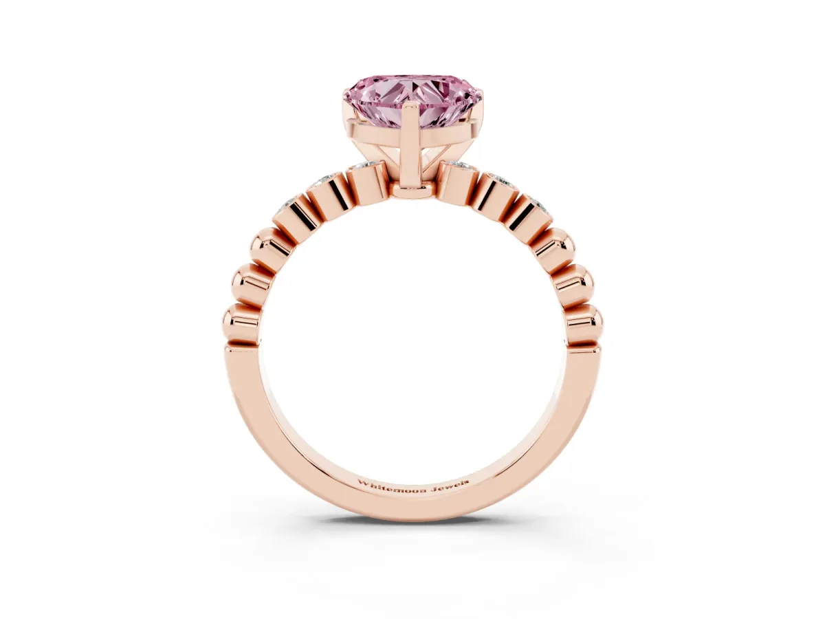 Fancy Pink Heart Cut Solitaire Bezel Accent Diamond Engagement Ring with Beaded Band and Four-Prong Setting Rose gold